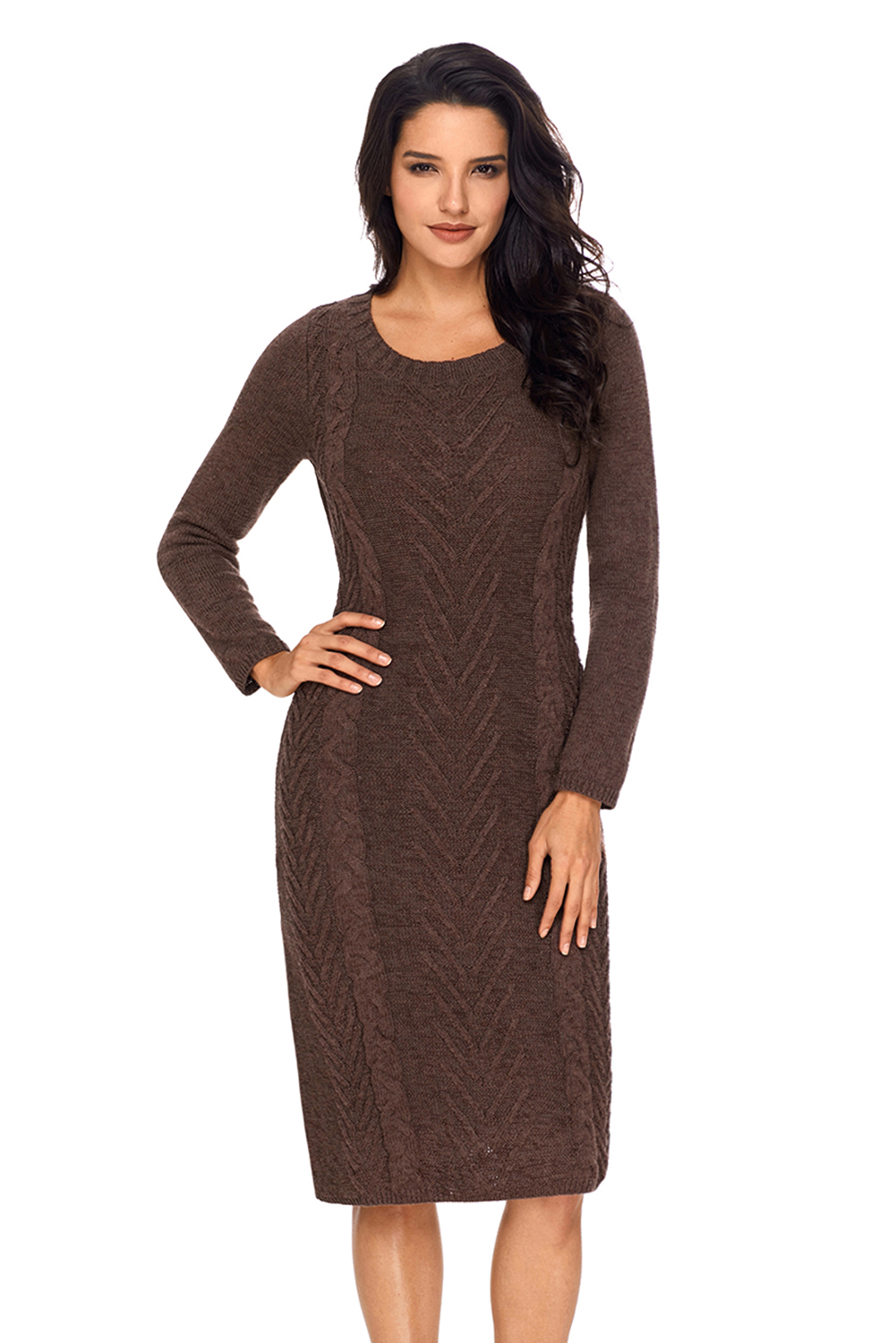 BY27772-17 Coffee Women’s Hand Knitted Sweater Dress
